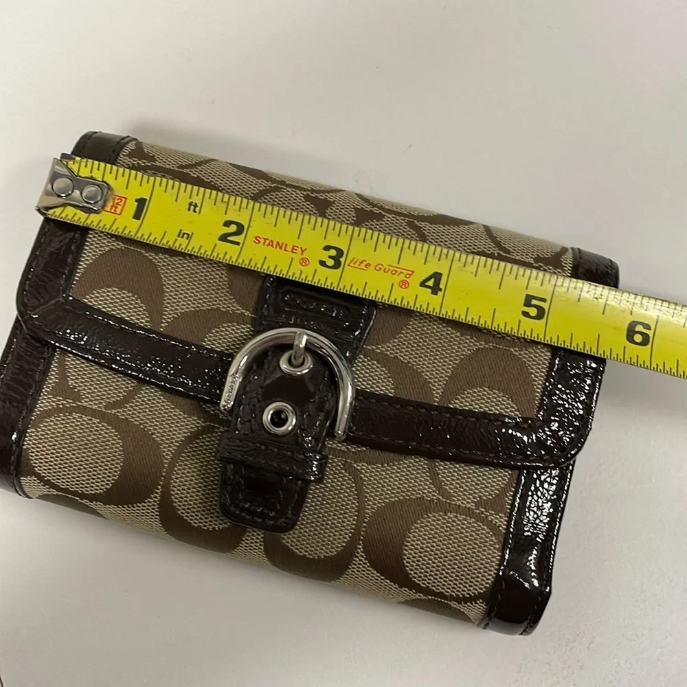 Coach Brown Signature Canvas and Leather Buckle Flap Compact Wallet